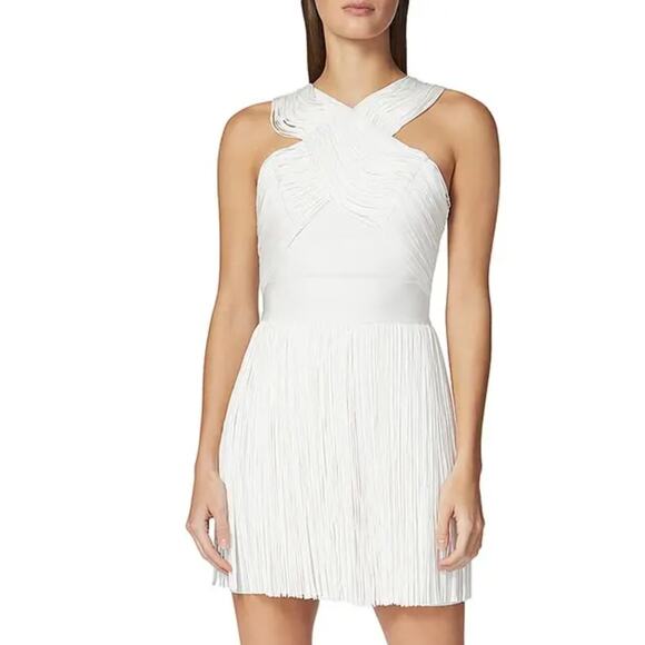 Herve Leger Crossover Halter Fringe Mini Dress White XS NEW Bridal Mini - Picture 2 of 3